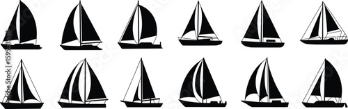 Sailboat silhouettes collection in various designs, nautical vector illustration for maritime themes, sailing icons, ocean adventure, sea transport artwork