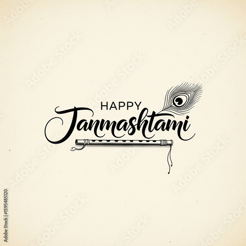 elegant calligraphy art of happy janmashtami in traditional ink style with krishna flute and peacock feather on cream background