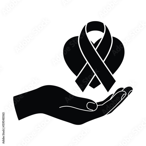 A hand holding a heart with a ribbon symbolizes cancer awareness, love, and charitable support