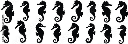 Seahorse silhouette pattern collection, marine creature vector set, underwater animal artwork, ocean-themed illustration design for creative, nature, stock use