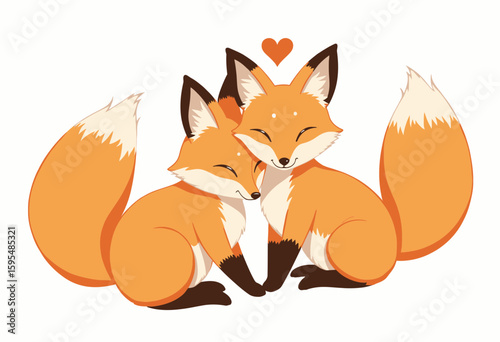 Two cute foxes cuddling together with a heart above them  