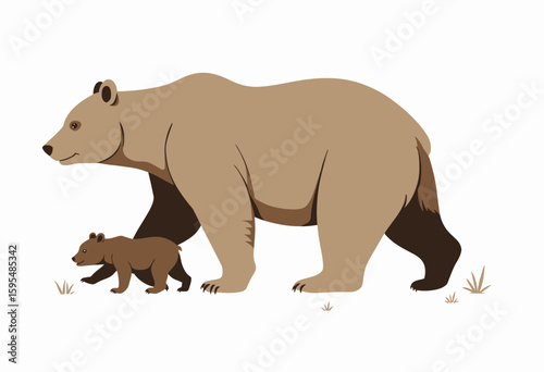 Mother bear walking with her cub in a natural setting  