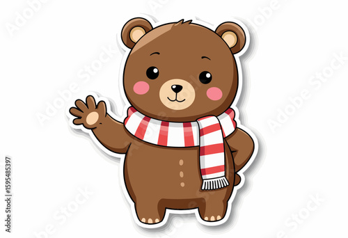Cute cartoon bear waving while wearing a striped scarf  