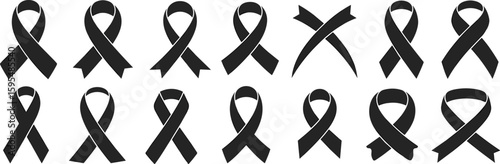 Set of black awareness ribbon silhouettes, symbolic vector icons for mourning, support, remembrance, charity design, isolated graphic illustration use