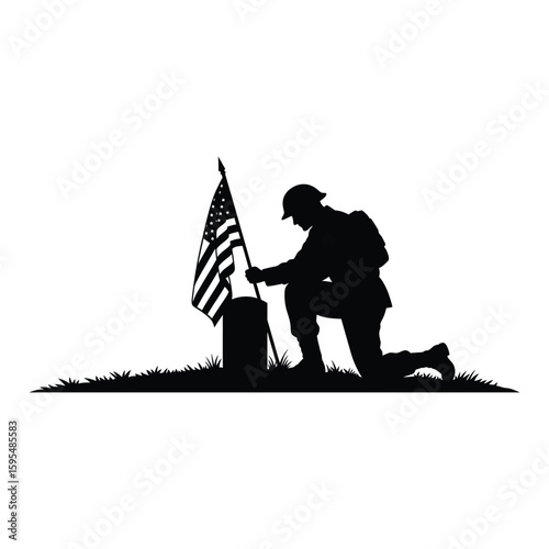 A soldier kneels at a grave, paying tribute with an american flag, isolated on white background
