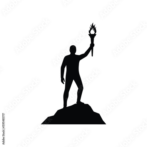 A silhouette of a man holding a torch on a mountain top, representing success and achievement, isolated on white background