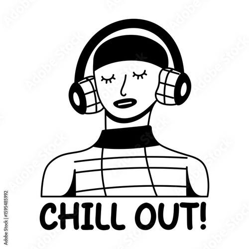 A character listening music with chill out typography, glyph sticker 