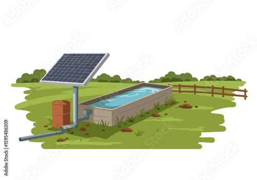 A modern rainwater harvesting system with solar panels irrigates a lush green field. Clean, bright, and sustainable. Ideal for environmental or agricultural themes.