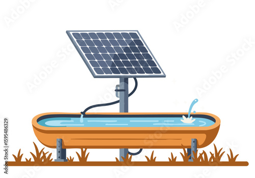 A modern ranch setting showcases a solar panel system irrigating a water trough.  Clean, bright, and sustainable. Ideal for renewable energy and rural lifestyle visuals.