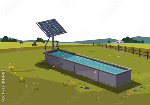 A modern solar-powered livestock trough provides water on a rural farm.  Clean, bright illustration showcasing sustainable agriculture. Ideal for eco-friendly concepts.