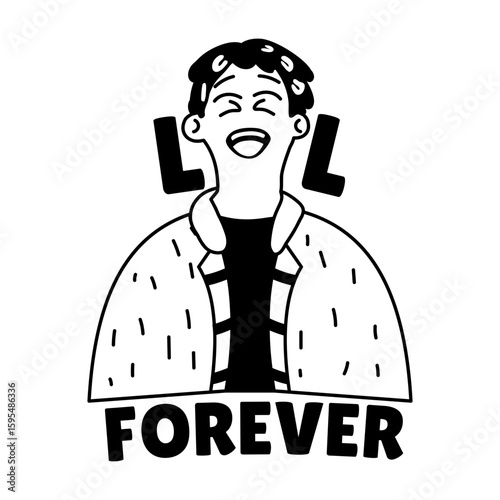 A giggling character with lol forever typography, glyph style sticker 