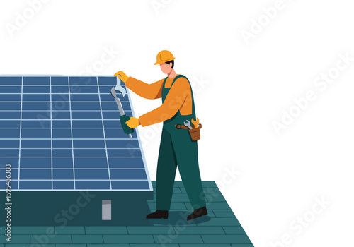 A skilled technician installs solar panels on a rooftop, promoting clean energy. Bright, professional, and visually appealing for commercial use.