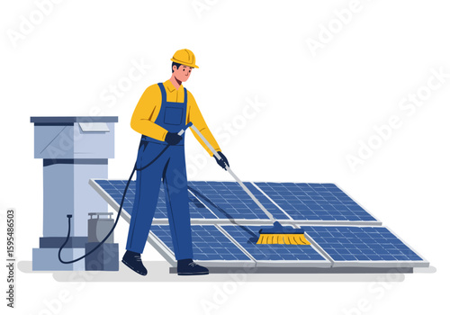 A worker cleans solar panels with a brush and hose, ensuring optimal energy production. Clean power care illustration.
