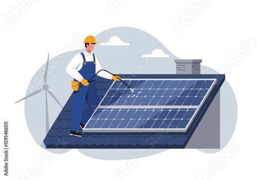 A technician inspects solar panels on a rooftop, showcasing renewable energy. Clean, modern illustration with a focus on sustainability and green technology.