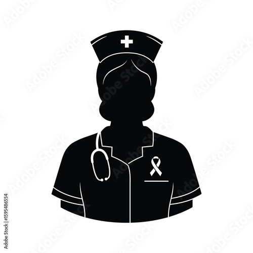 A nurse with an awareness ribbon on her uniform represents healthcare and support for those in need, isolated on white background