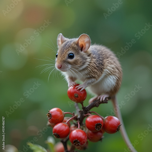 a tiny mouse balances on a plant stem surrounded by vibrant red berries, set against a soft green background
