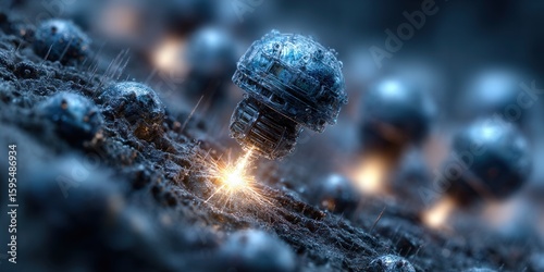 This image features futuristic technology, showcasing a stunning display of metallic structures and glowing sparks.