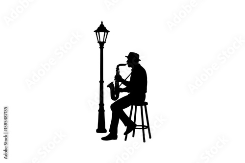 Silhouette of a Jazz Saxophonist Under a Streetlamp on a White Background Evoking a Nighttime Atmosphere with Musical and Urban Themes