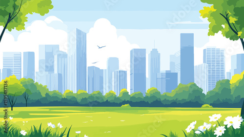 City Park with Skyscrapers in Background, Urban Nature Scene