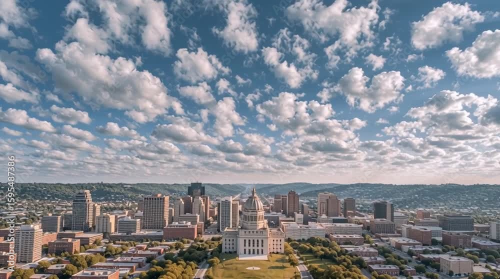 Drone cam video of imaginary cityscape.