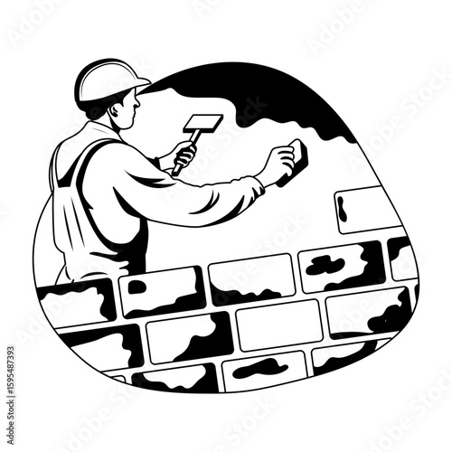A glyph style illustration of a bricklayer making a wall 