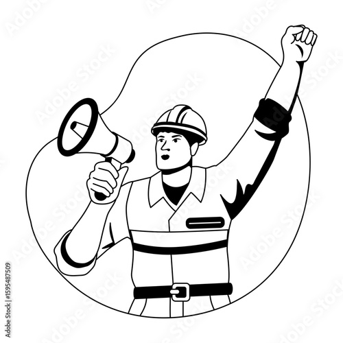 A worker raising voice for his rights, glyph style illustration 