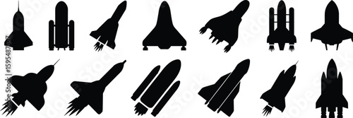 Space rocket and shuttle silhouette set, black spacecraft icons, vector illustration for science, aerospace, technology, launch, cosmic travel design