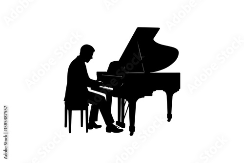Elegant Pianist Silhouette at Grand Piano Vector Illustration for Musical Performances Concerts and Classical Music Events on White Background