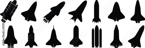 Space shuttle and rocket silhouettes collection, black spacecraft icons, aerospace vector design for science, technology, education, exploration, stock content