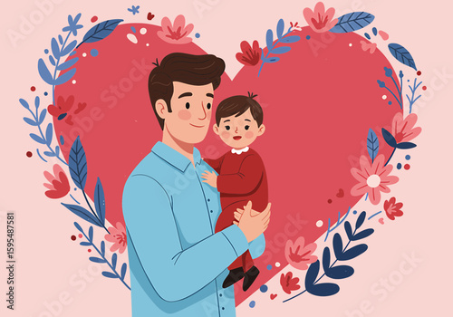 Father holding his child lovingly against floral heart backdrop, family bonding, love and care