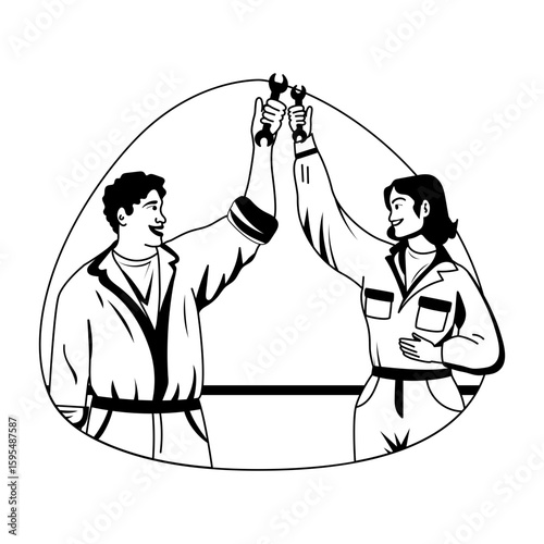 A glyph style illustration of two mechanics holding wrench in hands 