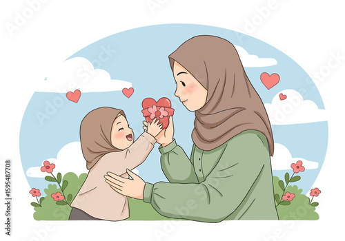 Mother and daughter sharing heart shaped gift, cartoon illustration of family love in nature