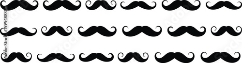 Variety of classic mustache silhouette designs, black isolated grooming styles, facial hair fashion icons, vintage beard vector illustration on white