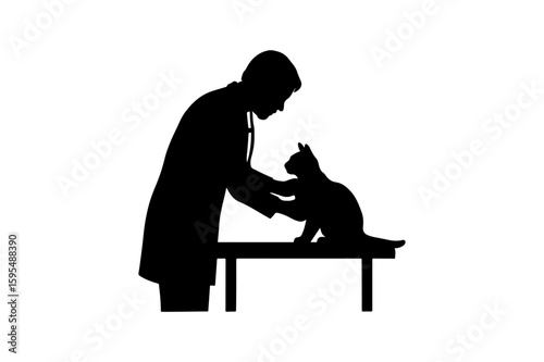 Veterinarian Examining a Cat Silhouette Vector Illustration of a Pet Doctor Checking a Feline on a White Background for Medical Design