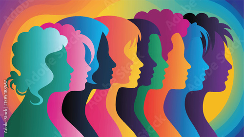 Diverse people profiles in vibrant rainbow gradient background