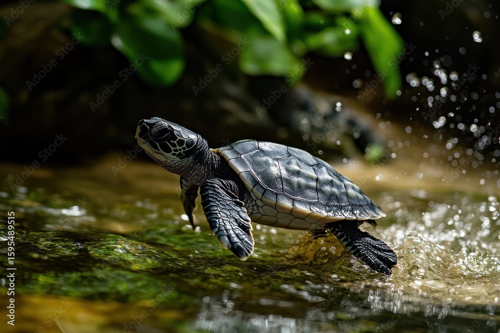 Fototapeta premium Newborn turtles racing towards the ocean at sunrise along the sandy shore, New born hatched baby turtles scrambling seaward Melbourne Florida