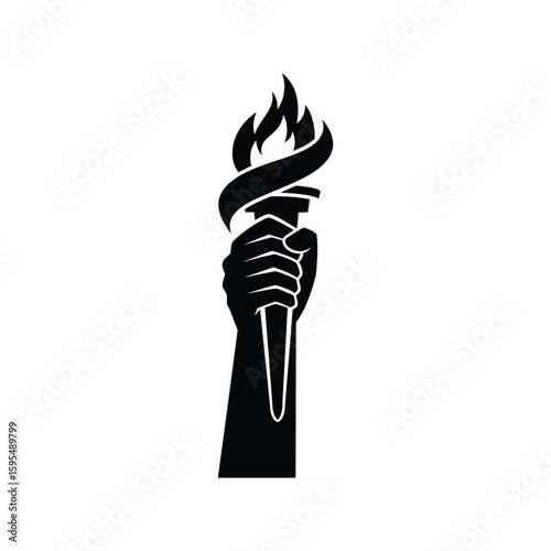 A hand holding a flaming torch isolated on white background, symbolizing freedom, power, and the pursuit of knowledge