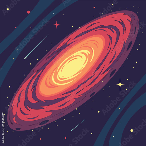 A vibrant and swirling nebula dominates the scene showcasing cosmic colors and interstellar dust in a detailed vector illustration