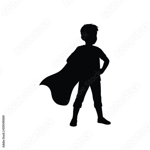 A silhouette of a child dressed as a superhero with a cape stands confidently isolated on white background