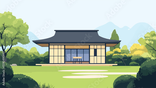 Traditional Japanese Tea House Zen Architecture with Serene Atmosphere