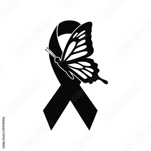Photography A black awareness ribbon with a butterfly represents support and remembrance, is