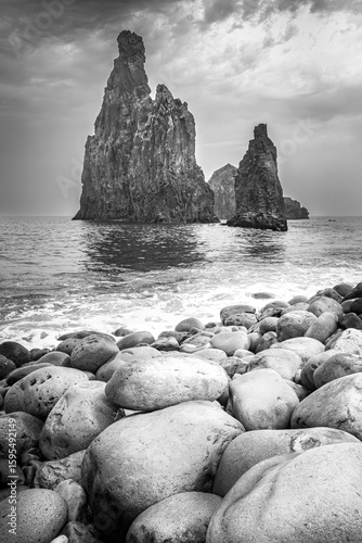 Beautiful rock formation Ribeira da Janela near Porto Moniz, Madeira, filtered BW style
