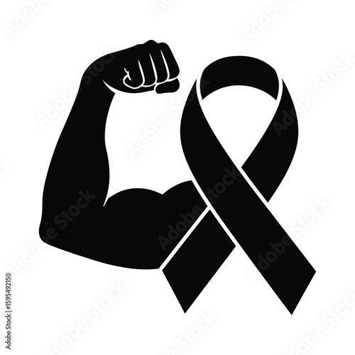 A muscular arm and a black awareness ribbon symbolize strength, power, and the fight against disease isolated on white background