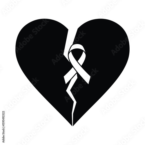 A black broken heart with a white awareness ribbon symbolizes loss and support isolated on white background