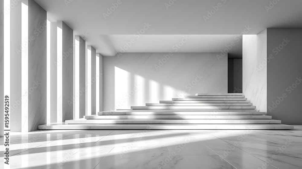 Obraz premium Modern Minimalist Marble Staircase in Sunlit Hallway