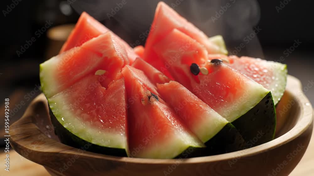 Fresh Watermelon Slices in Wooden Bowl Fresh Watermelon Slices in Wooden Bowl
