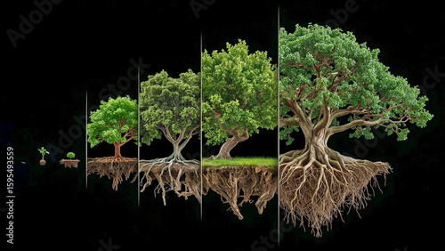 Creative growth timeline of a tree in five stages – ideal for education, growth, and nature content