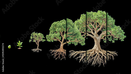 Creative growth timeline of a tree in five stages – ideal for education, growth, and nature content