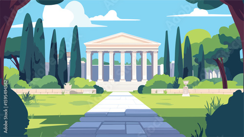 Ancient Roman Villa Ruins Garden with Architectural Structures
