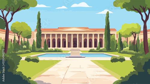 Ancient Roman Villa Ruins Garden with Architectural Structures